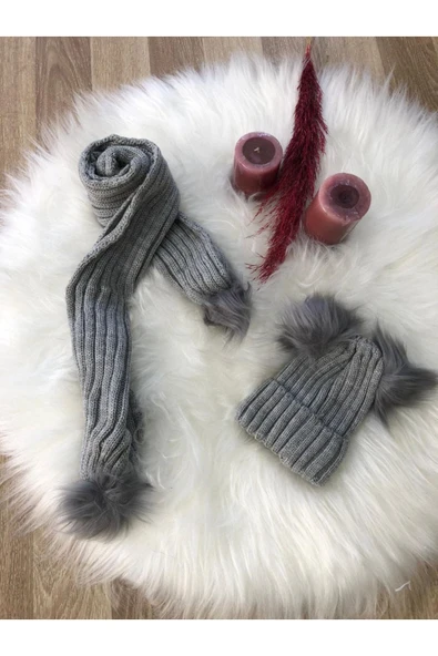 Kız Bebek Çift Ponponlu Atkı Bere Takımı 4/14 yaş