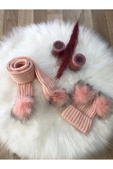 Kız Bebek Çift Ponponlu Atkı Bere Takımı 4/14 yaş - 2