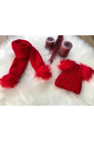 Kız Bebek Çift Ponponlu Atkı Bere Takımı 4/14 yaş - 2