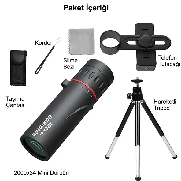 TriLine 2000x24 Zoom Monoküler Mini Taşınabilir HD Dürbün Su Geçirmez Tripod Telefon Tutacağı - 8