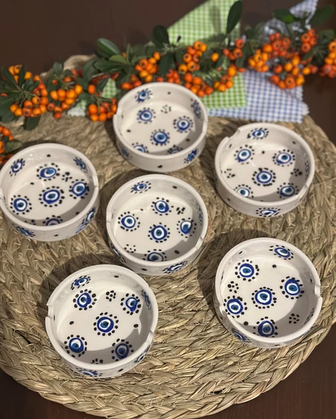 6 lı Seramik Nazar Boncuk Desenli Küllük/ Kül Tablası - Resim 3