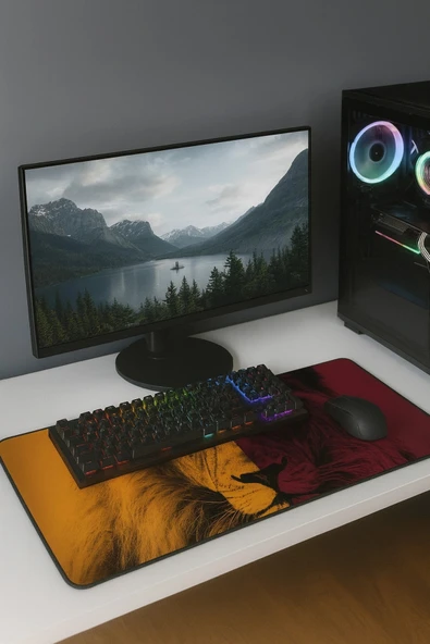 SonicTouch Sarı Kırmızı Aslan Temalı Kaymaz Gaming Oyuncu Masaüstü Dikişsiz Klavye Mouse Pad 32x70Cm - Resim 2