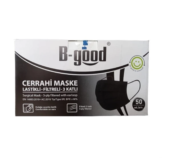 B-Good 3 Katlı Lastikli Burun Telli Cerrahi Dökme Maske Siyah 50'li