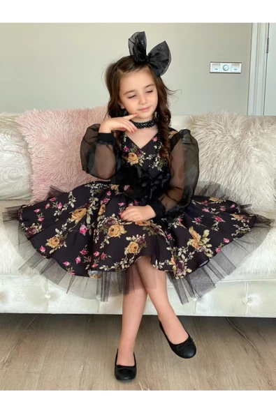 Kız Çocuk Organze Kol Tütülü Elbise MNK0187 ürün görseli 1