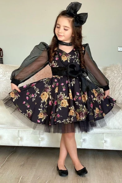 Kız Çocuk Organze Kol Tütülü Elbise MNK0187 - Resim 2