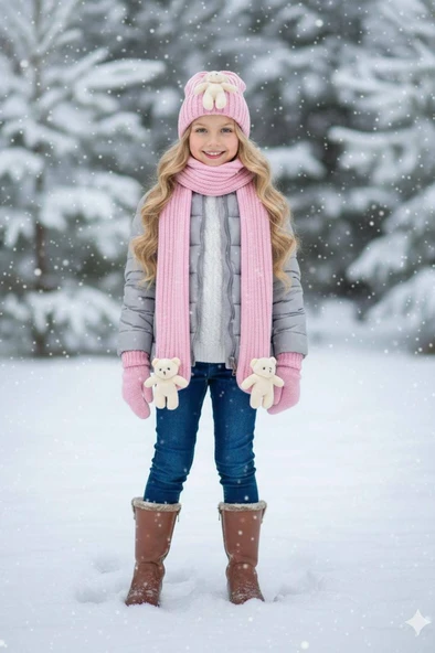 Kız Çocuk Ayıcıklı Atkı Bere Takımı 4/14 yaş ürün görseli 1