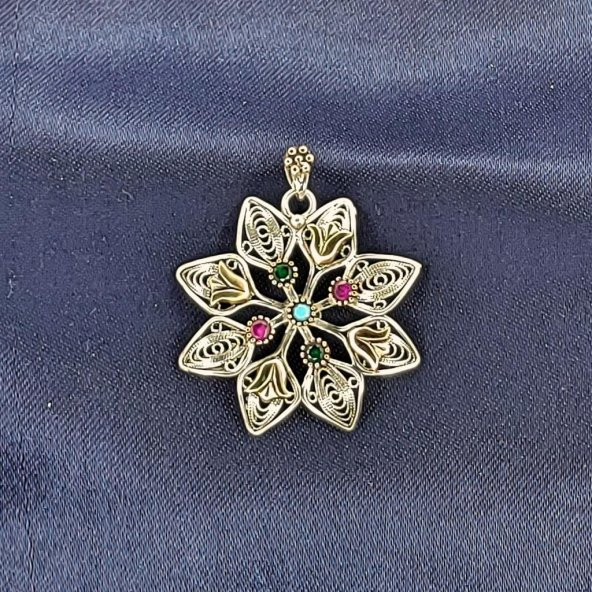 Gevheranss El Yapımı Zirkon ve Turkuaz Taşlı Lale Motifli Kolye - 210040350G15K - 3