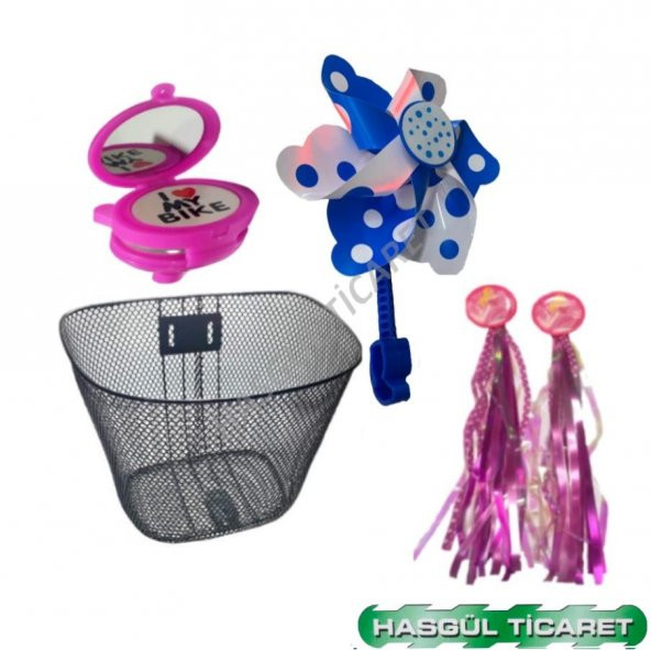 HSGL BİSİKLET  SİYAH SEPET PEMBE PÜSKÜL AYNALI ZİL RÜZGAR GÜLÜ SET - 5