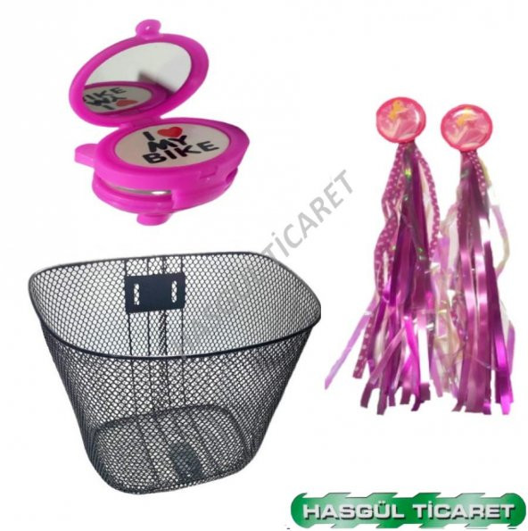 HSGL BİSİKLET SİYAH SEPET PEMBE KARTLI PÜSKÜL VE AYNALI ZİL SET