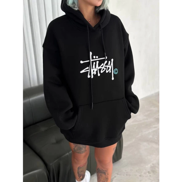 Üç İplik Kapşonlu Baskılı SweatShirt - Siyah - 2