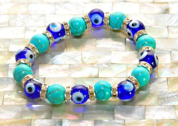 Nazar Boncuklu Turkuaz Doğal Taş swarovski Taşlı Nazar Bileklik  Hediyelik Bileklik - 3