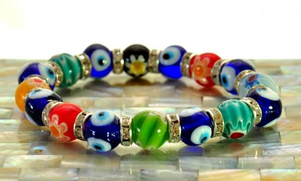 Nazar Boncuklu Renkli Cam swarovski Taşlı Nazar Bileklik Lastikli Bileklik - 3