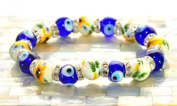 Seramik Nazar Boncuklu swarovski Taşlı Nazar Bileklik Lastikli Bileklik - 3