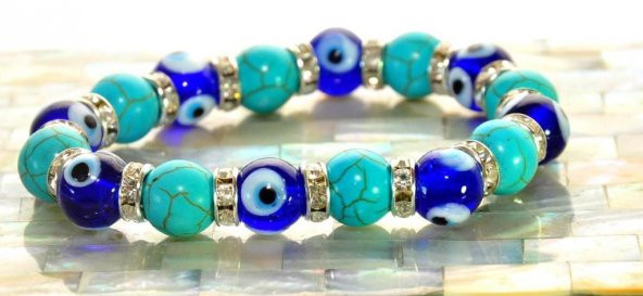 Nazar Boncuklu Turkuaz Doğal Taş swarovski Taşlı Nazar Bileklik  Hediyelik Bileklik - 6