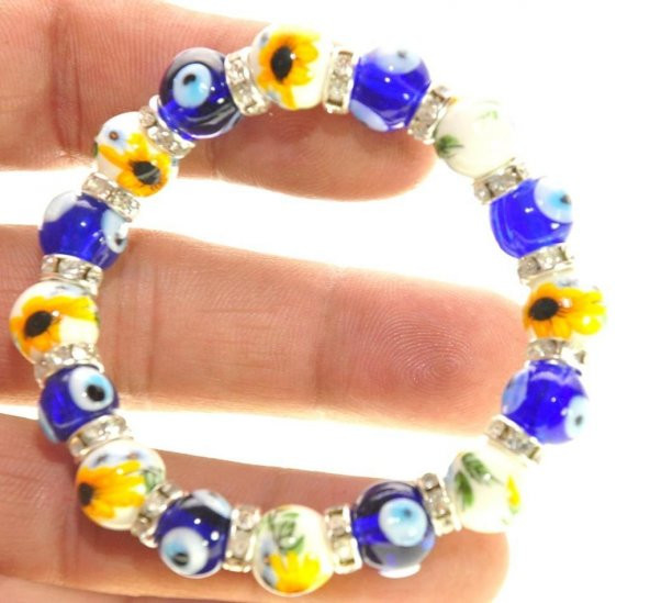 Seramik Nazar Boncuklu swarovski Taşlı Nazar Bileklik Lastikli Bileklik - 4