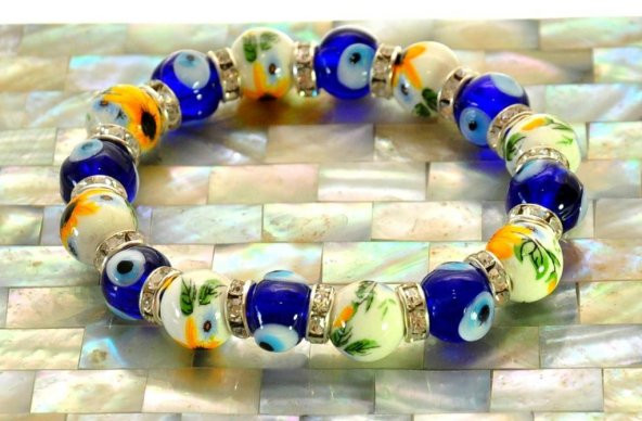 Seramik Nazar Boncuklu swarovski Taşlı Nazar Bileklik Lastikli Bileklik - 5