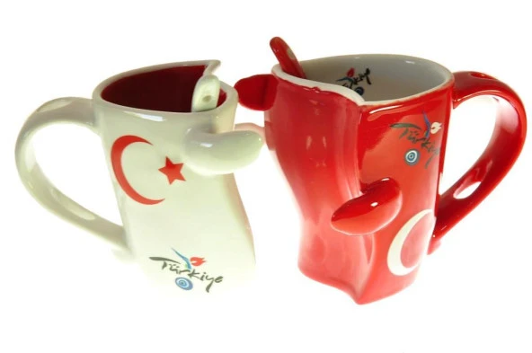 2 Lİ Sarılan Küçük Türk Bayraklı Bardak Kupa Dekoratif Hediyelik Seramik - 2