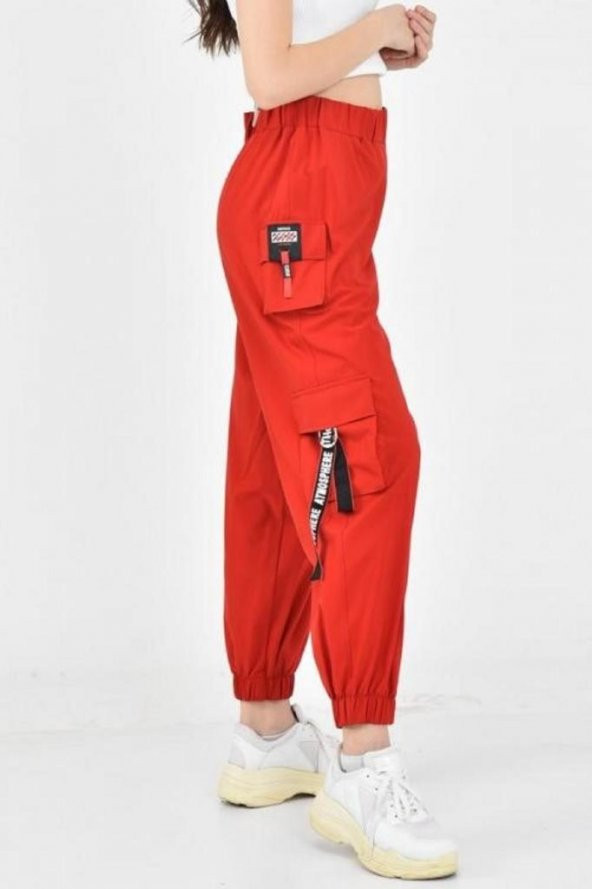 Paça ve Belden Lastikli Yandan Cepli Kırmızı Kadın Kargo Pantolon - 4