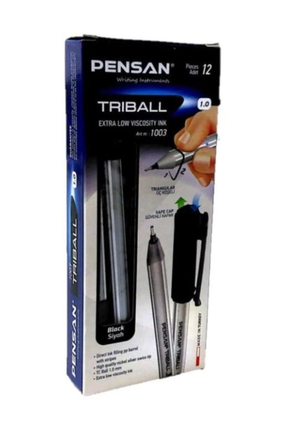 Pensan Siyah Tükenmez Kalem Triball 1.0 MM Bilye Uç Siyah 12 Lİ (1 Paket 12 Adet)