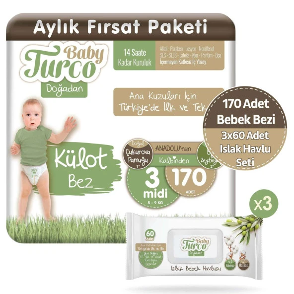 Baby Turco Doğadan Külot Bez 3 Numara Midi 170 Adet + 3x60 Doğadan Islak Havlu Seti
