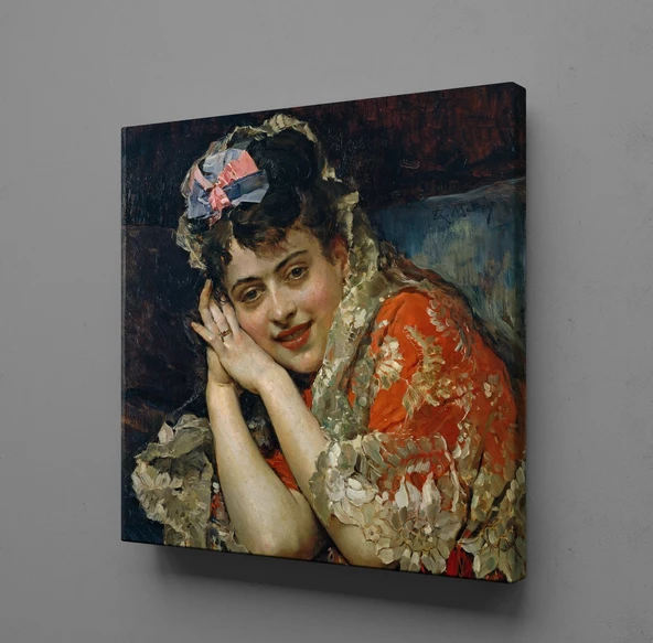 KIRMIZI ELBİSELİ FRANSIZ KADIN KANVAS TABLO ürün görseli 1