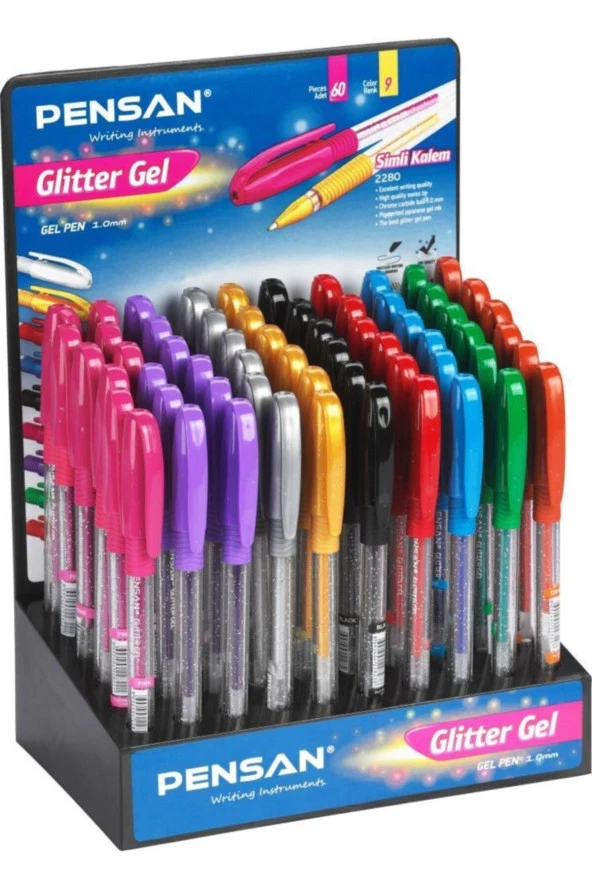 Pensan Glitter Simli Jel Tükenmez Kalem 1.0 Mm 9 Renk Karışık (60 Lı Paket)