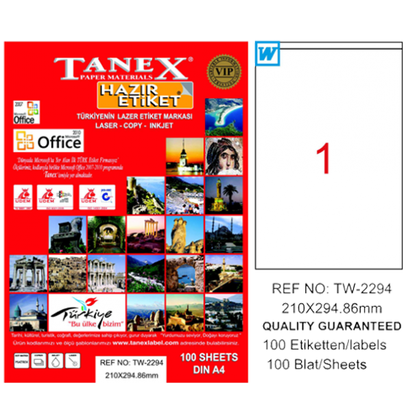 Tanex Lazer Etiket 100 YP 210X294,86 Laser-Copy-Inkjet TW-2294