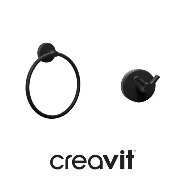 Creavit Drop Banyo Aksesuar Seti Yuvarlak Havluluk-İkili Bornozluk-Siyah ürün görseli 1