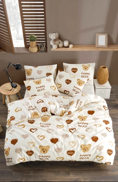 Tabu Home Ranforce Ayıcıklı Kalpli Çarşafı Lastikli Çift Kişilik Nevresim Takımı