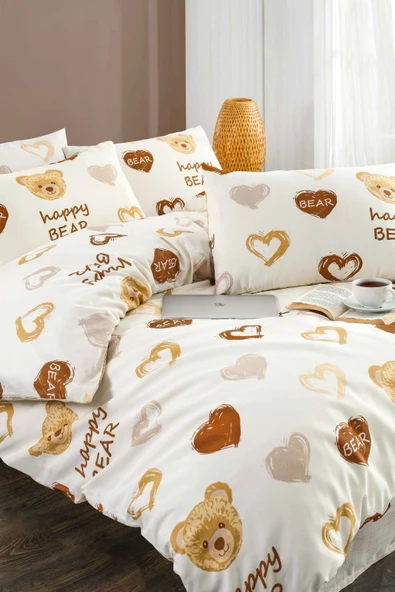 Tabu Home Ranforce Ayıcıklı Kalpli Çarşafı Lastikli Tek Kişilik Nevresim Takımı - 2
