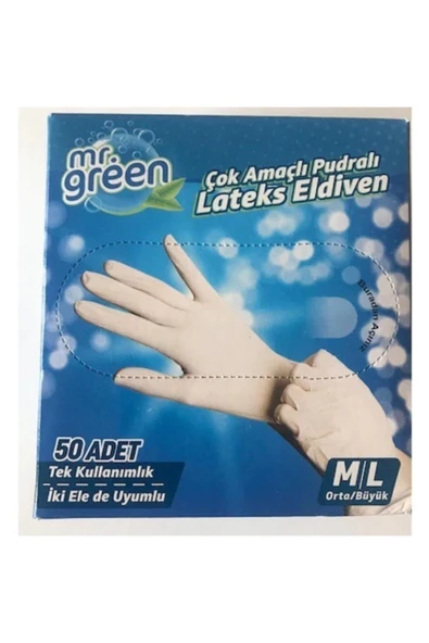 MR GREEN Eldiven (muayene_eldiveni) Beyaz Çok Amaçlı Pudralı Lateks Eldiven 50 Adet.