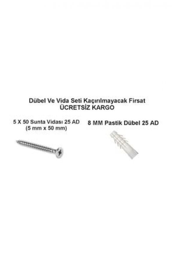 Vidal ve Dübel Seti 25 ad 5X50 Vida 8 mm Plastik Dübel