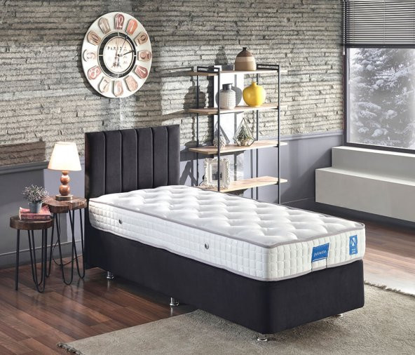 Niron Juliette 80x180 cm Tek Kişilik Yatak Baza Başlık Takımı - Siyah Kumaş Lüks Yatak Seti