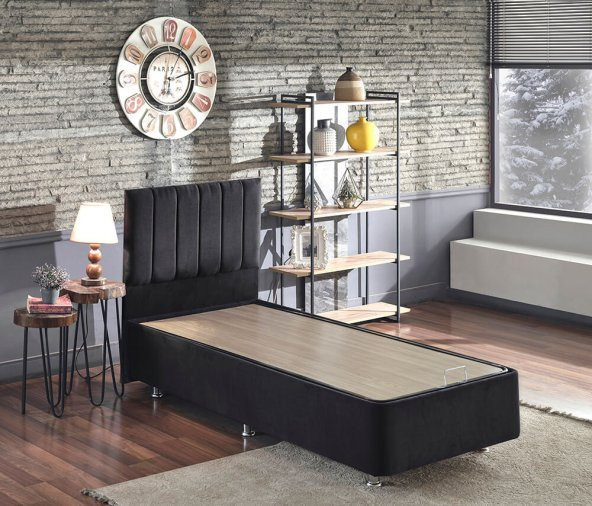 Niron Juliette 80x180 cm Tek Kişilik Yatak Baza Başlık Takımı - Siyah Kumaş Lüks Yatak Seti - 3