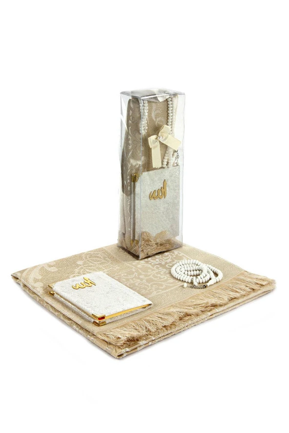 PVC Kutulu Seccade Seti - Kadife Kaplı Yasin - Seccade - Tesbih - Beyaz Renk - Resim 2