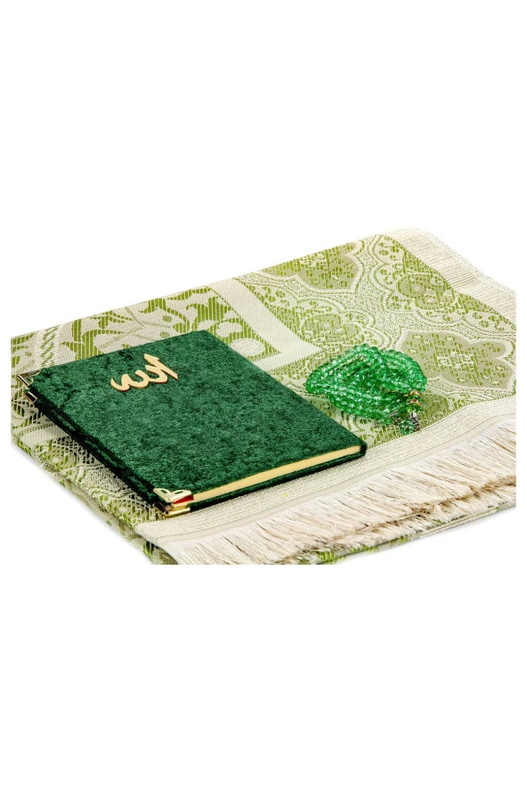 Kutulu Seccade Seti - Kadife Kaplı Yasin - Seccade - Tesbih - Yeşil Renk - Resim 3