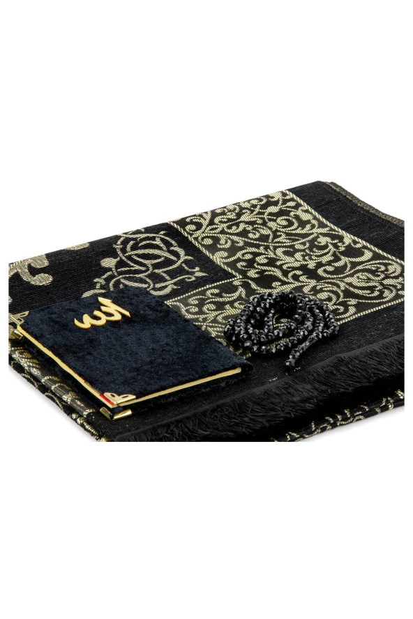 PVC Kutulu Seccade Seti - Kadife Kaplı Yasin - Seccade - Tesbih - Siyah Renk - Resim 3