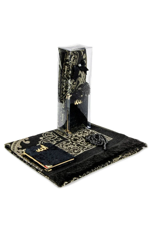 PVC Kutulu Seccade Seti - Kadife Kaplı Yasin - Seccade - Tesbih - Siyah Renk - Resim 2