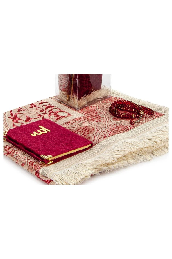 PVC Kutulu Seccade Seti - Kadife Kaplı Yasin - Seccade - Tesbih - Bordo Renk - Resim 3