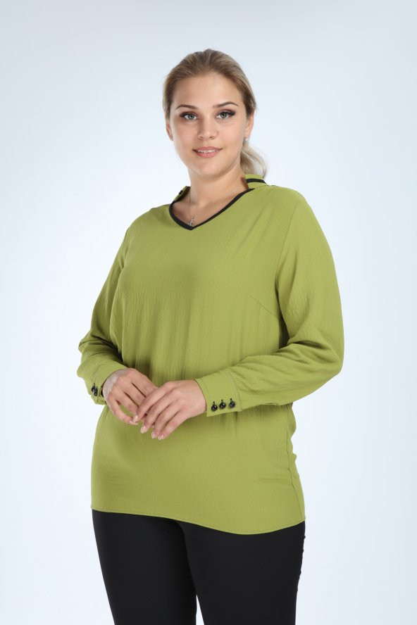 Lir Kadın Büyük Beden Uzun Kol Biyeli V Yaka  Bluz Yeşil L2324