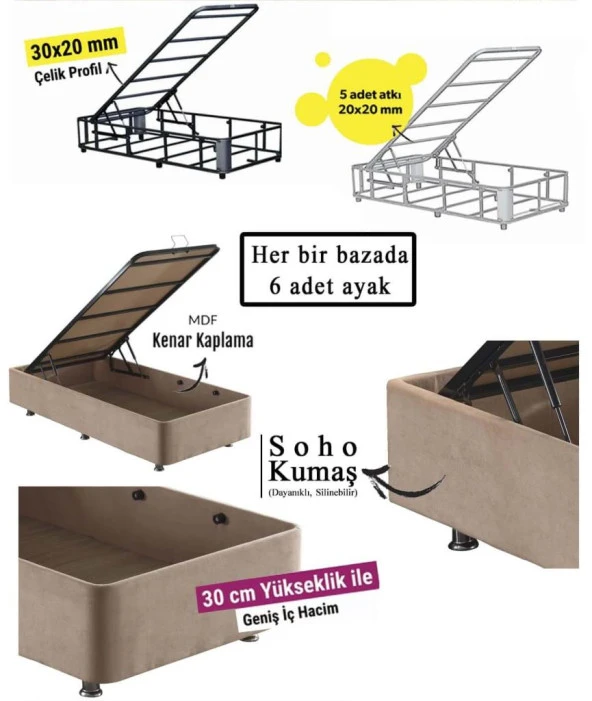 Niron Ela Baza - 80x180 cm Tek Kişilik Sandıklı Sütlü Kahve Kumaş Baza Silinebilir Soho Kumaş - 3