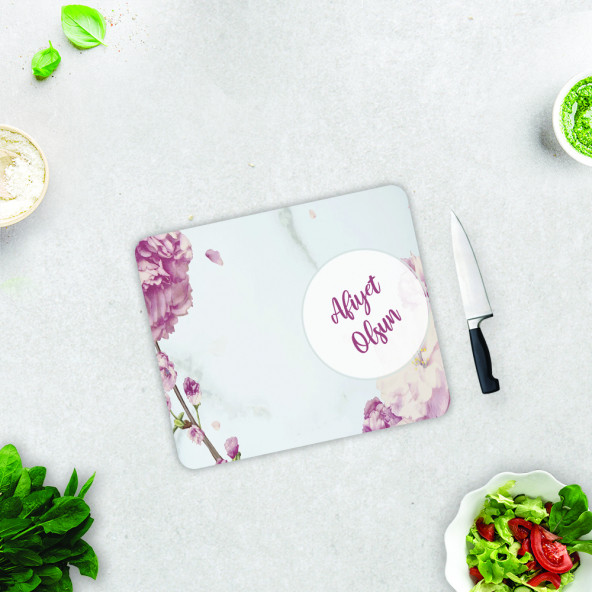 DECORITA Cam Kesme Tahtası - Afiyet olsun - Pudra Pembe Çiçekler