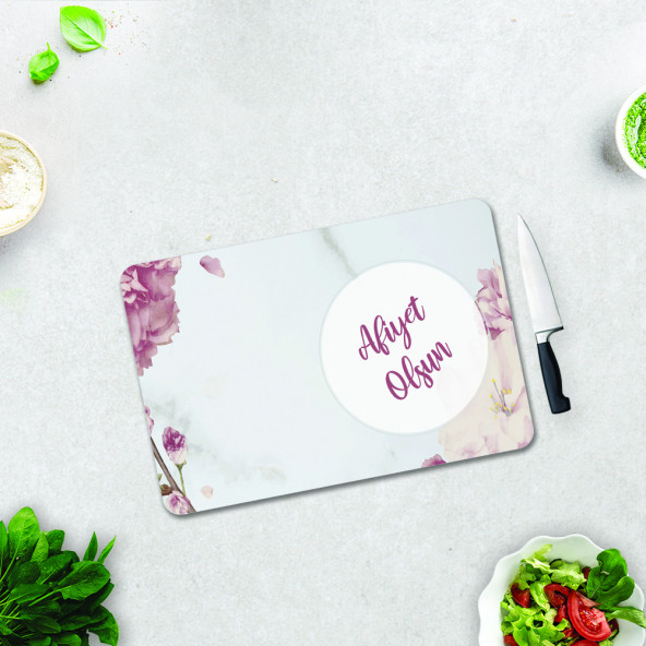 DECORITA Cam Kesme Tahtası - Afiyet olsun - Pudra Pembe Çiçekler - 3