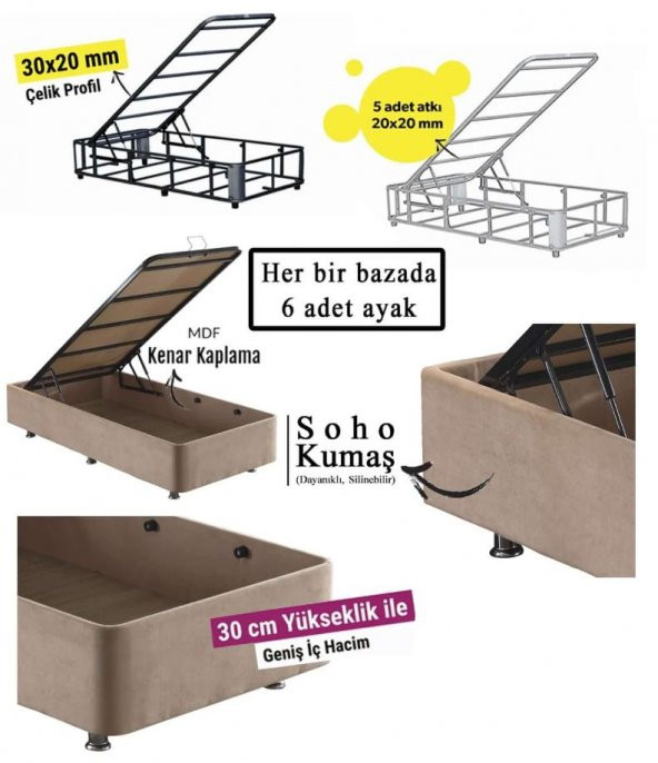 Niron  W. Cotton 100x200 cm Tek Kişilik Pedli Yatak Baza Başlık Takımı - Kumaş Baza, Başlık ve Yatak Seti - Resim 4