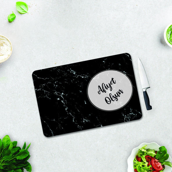 DECORITA Cam Kesme Tahtası - Afiyet Olsun - Siyah Mermer Görünümlü - 30cm x 40cm - 2