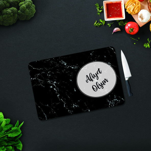 DECORITA Cam Kesme Tahtası - Afiyet Olsun - Siyah Mermer Görünümlü - 30cm x 40cm - 3