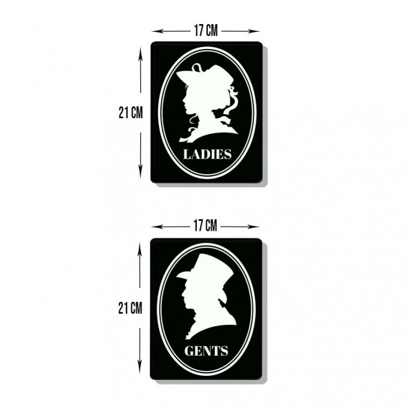 DECORITA Cam Wc Yönlendirme Levhası - 2'li Set Siyah Retro Ladies - Gents - 21cm x 17cm