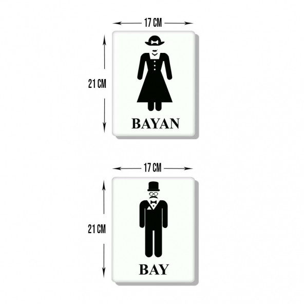 DECORITA Cam Wc Yönlendirme Levhası - 2'li Set Beyaz Bayan - Bay - 21cm x 17cm