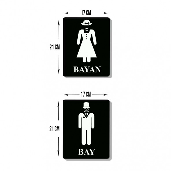 DECORITA Cam Wc Yönlendirme Levhası - 2'li Set Siyah Bayan - Bay - 21cm x 17cm