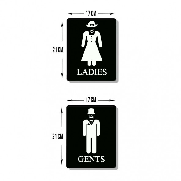 DECORITA Cam Wc Yönlendirme Levhası - 2'li Set Siyah Ladies - Gents - 21cm x 17cm